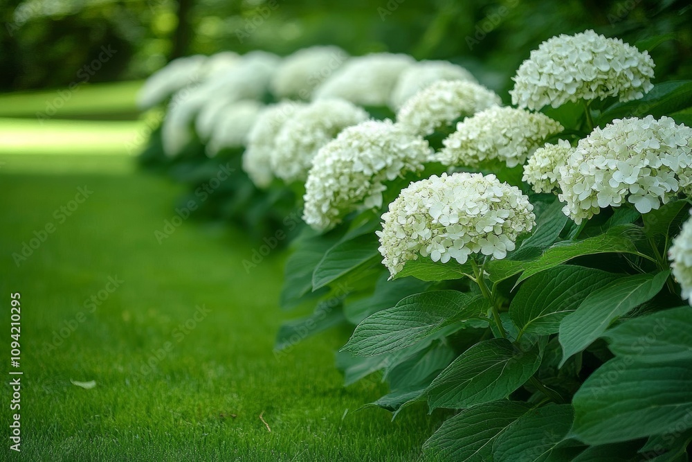 Hydrangea Flowers in Full Bloom Natural Garden Scene with Lush Green Lawn and Foliage Hydrangea Flowers in Full Bloom Natural Garden Scene with Lush Green Lawn and Foliage