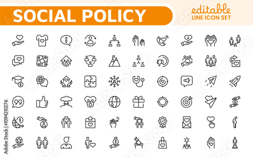 Set of Social Policy and Insuranceline icons. Outline icon collection related to education, insurance, law, goverment and more.