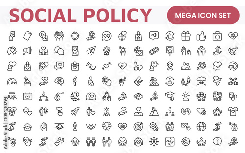 Set of Social Policy and Insuranceline icons. Outline icon collection related to education, insurance, law, goverment and more.
