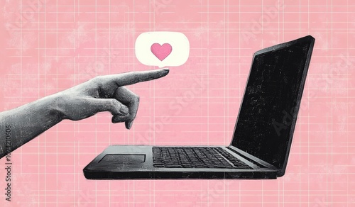 Surreal Digital Art Hand Reaching from Laptop Pointing at Heart Speech Bubble
