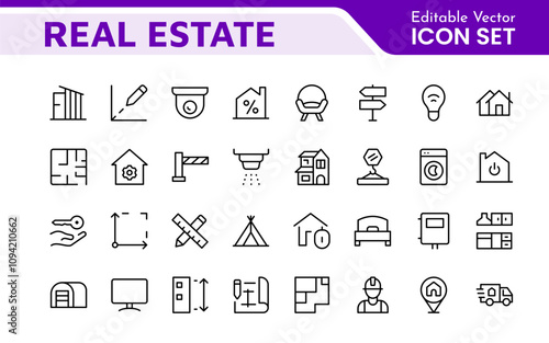 Real Estate Icon Set. A comprehensive collection of stylish and professional icons designed for the real estate industry, perfect for enhancing property listings, websites, and marketing materials.