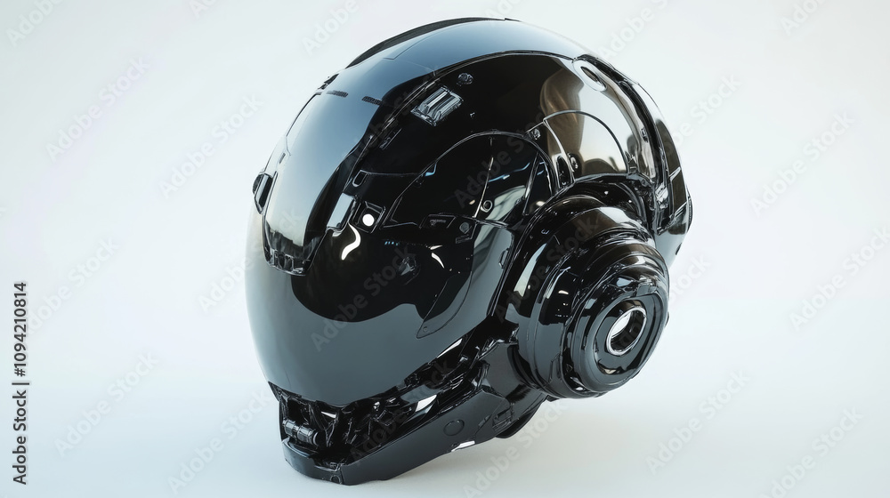 A futuristic robot helmet, shown in a 3D rendering. It's dark metal and looks very advanced. A futuristic robot helmet, shown in a 3D rendering. It's dark metal and looks very advanced.