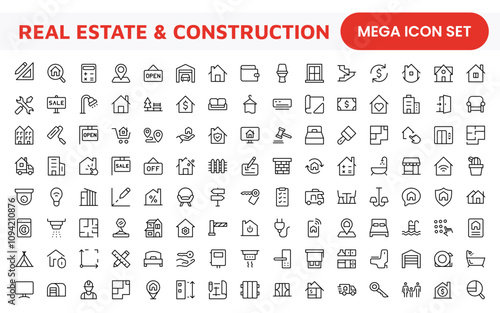 Real Estate Icon Set. A comprehensive collection of stylish and professional icons designed for the real estate industry, perfect for enhancing property listings, websites, and marketing materials.