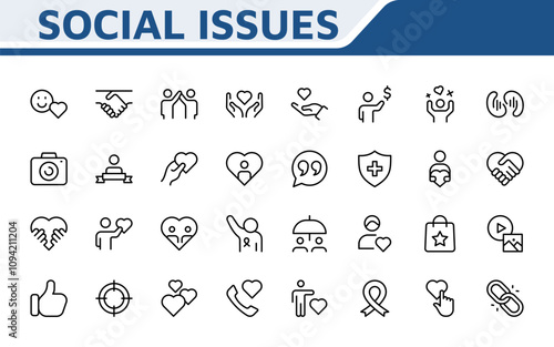 Social Issues Icon Set. Thought-provoking and impactful icons designed to raise awareness and promote engagement, perfect for enhancing campaigns, websites, and educational materials.