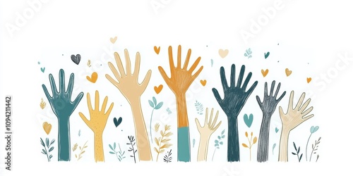 Diverse Hands Reaching Up with Heart Cutouts, Celebrating Teamwork and Community Support