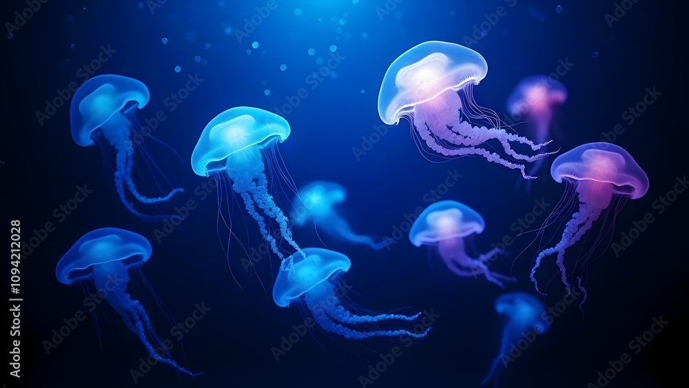 Serene Jellyfish Background Flowing Light Trails in Deep Ocean Wallpaper Serene Jellyfish Background Flowing Light Trails in Deep Ocean Wallpaper