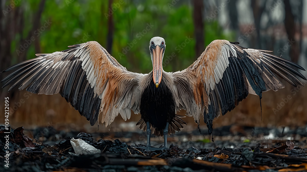 Fototapeta premium Aquatic Wildlife Struggles Pollution's Impact on Birds at a Defiled Nature Reserve Environmental Photography Close-Up Viewpoint
