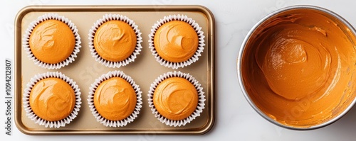 A detailed shot of cupcake liners being placed on a baking sheet, the mixer bowl filled with batter beside it, 3D Render photo