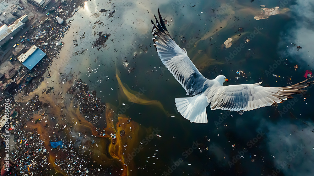 Fototapeta premium Birds Soaring Over Polluted Waters Urban Environment Aerial View Aquatic Animal Struggles Against Pollution