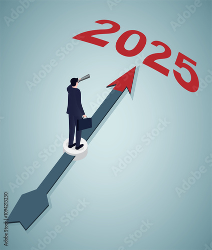 Year 2025 outlook, economic forecast or future vision, business opportunity or challenge ahead, year review or analysis concept.