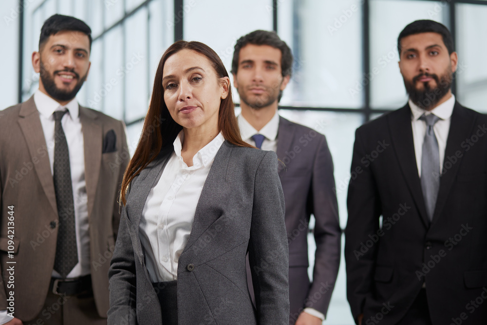 Businessman and businesswoman team stand at office meeting. Businessman and businesswoman team stand at office meeting.