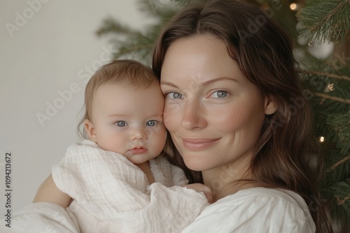 happy caucasian woman with a baby at home before christmas. festive lifgts on tree on background photo