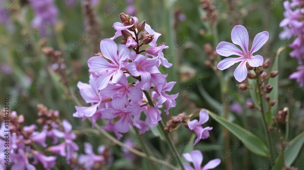 Mauve-colored flowers swaying gently in the breeze amidst other plants, botanicals, flowers, outdoor setting Mauve-colored flowers swaying gently in the breeze amidst other plants, botanicals, flowers, outdoor setting