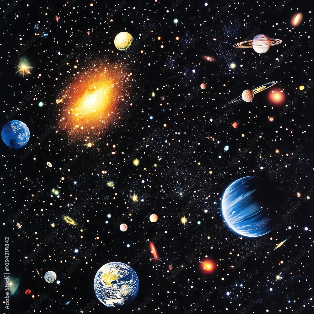 Fototapeta premium Cosmic Tapestry: A breathtaking view of the universe, showcasing planets, galaxies, and celestial wonders in a vibrant, detailed illustration. 