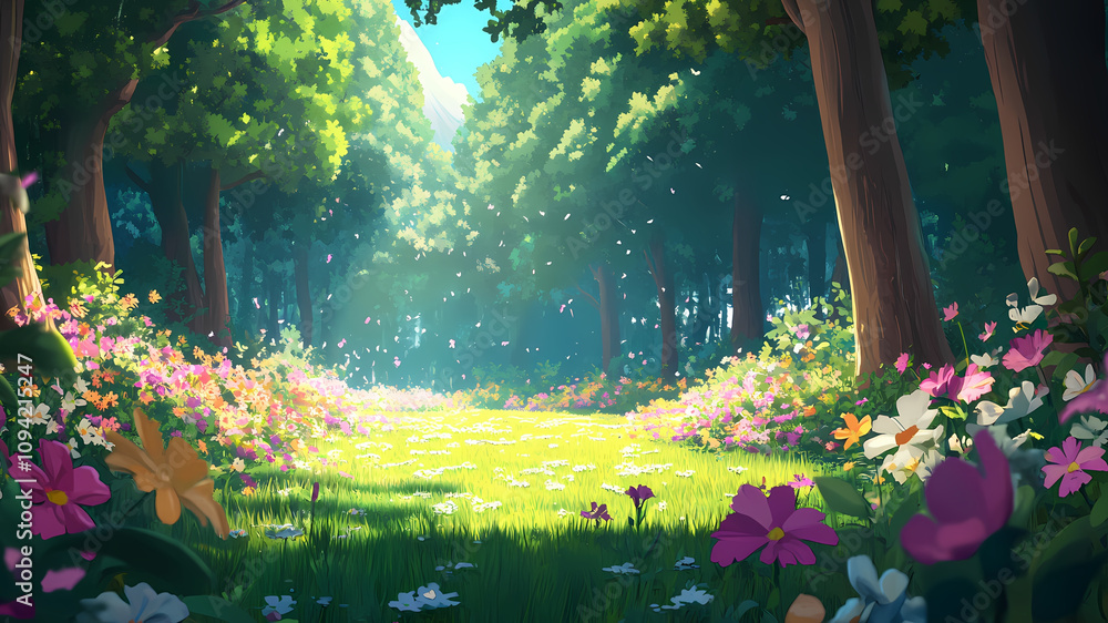 Obraz premium Cartoon-Style Spring Forest Meadow with Vibrant Flowers. Immerse yourself in the beauty of a green spring forest meadow, where vibrant and colorful flowers bloom in cartoon style.