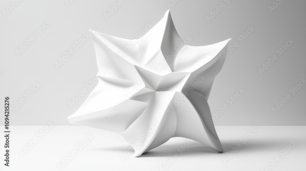 A 3D image shows a white, star-shaped object against a white background. A 3D image shows a white, star-shaped object against a white background.