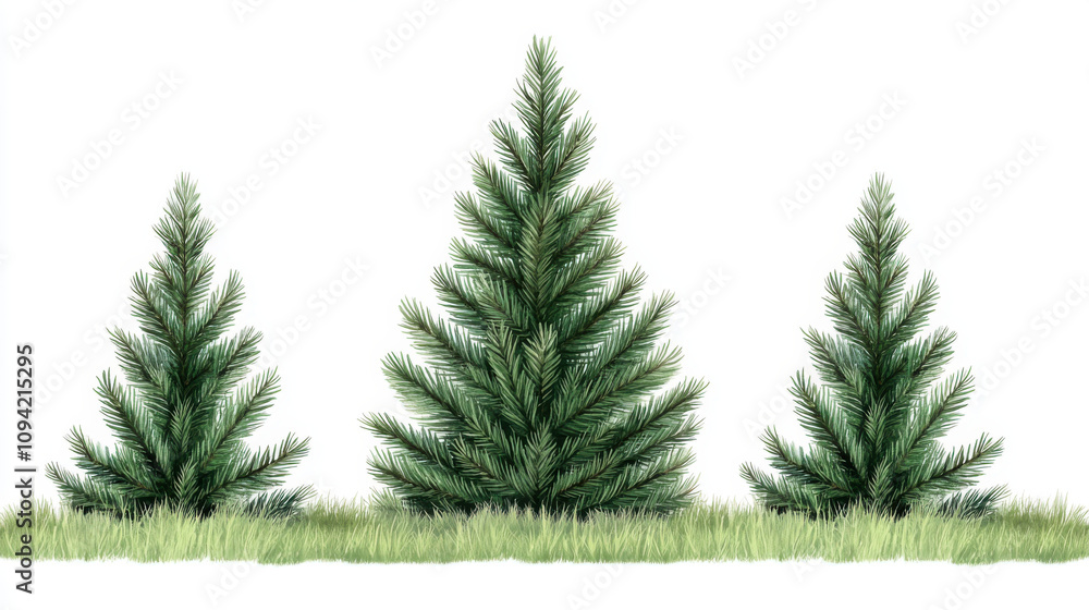 Christmas joyful, Lush green fir trees with detailed foliage, set against white background, evoke serene and festive atmosphere. Perfect for holiday themes Christmas joyful, Lush green fir trees with detailed foliage, set against white background, evoke serene and festive atmosphere. Perfect for holiday themes