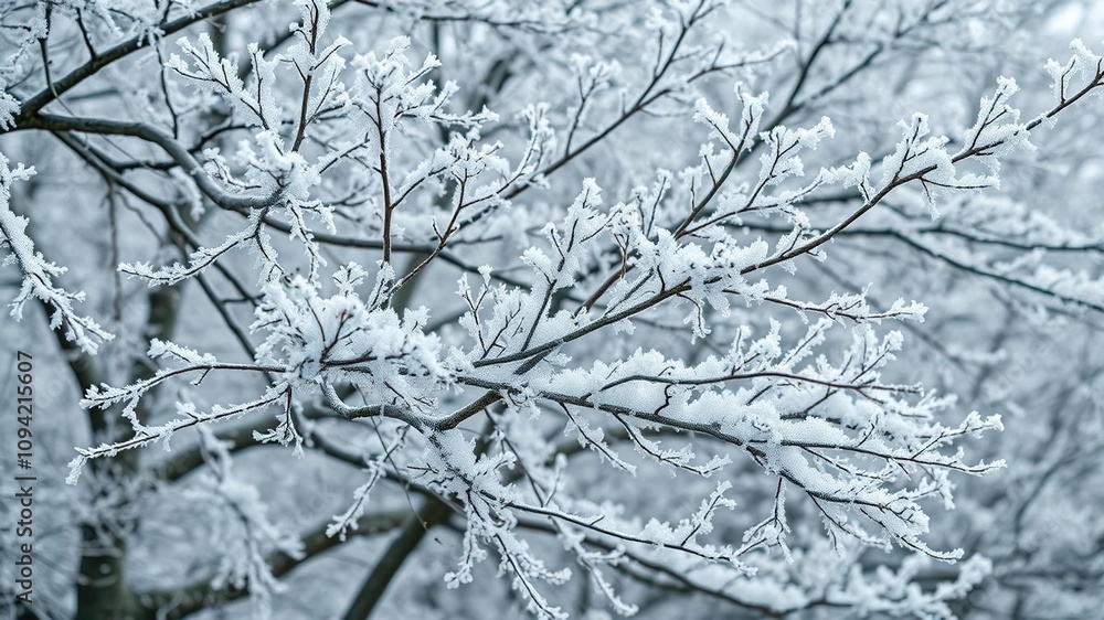 Multiple branches of a deciduous tree with white frost covering its leaves and twigs, snow, twig, landscape Multiple branches of a deciduous tree with white frost covering its leaves and twigs, snow, twig, landscape