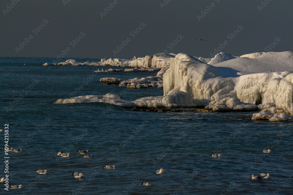 The shore of the Caspian Sea in winter near the city of Aktau in Kazakhstan The shore of the Caspian Sea in winter near the city of Aktau in Kazakhstan