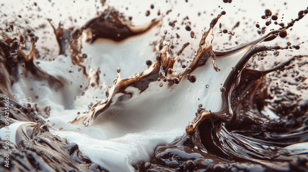 A close-up image shows milk splashing. It's a 3D rendering. A close-up image shows milk splashing. It's a 3D rendering.