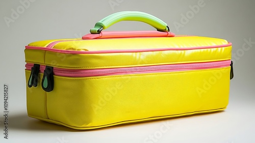 Bright yellow storage bag with pink accents and zipper photo