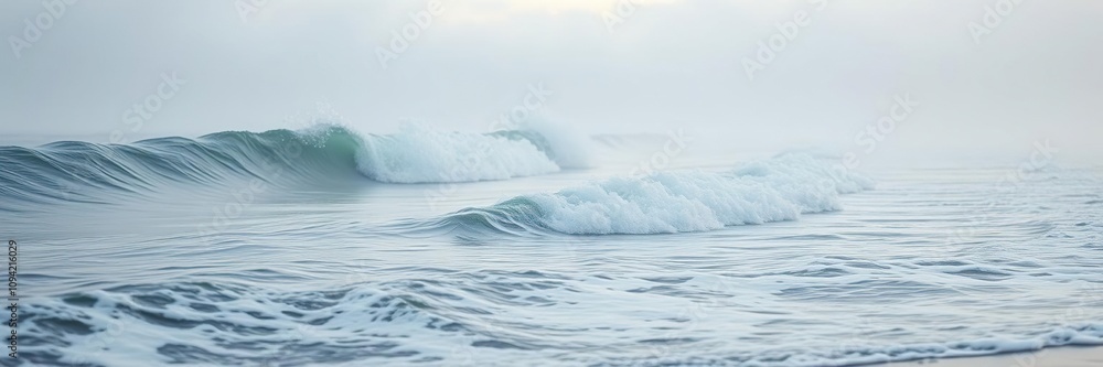 Ocean waves gently crashing on the shore with a misty background, ocean waves, fluid motion Ocean waves gently crashing on the shore with a misty background, ocean waves, fluid motion