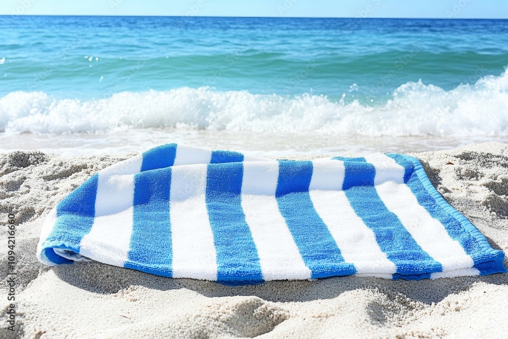Blue and White Striped Beach Towel on Sandy Beach Ocean View Summer Relaxation
