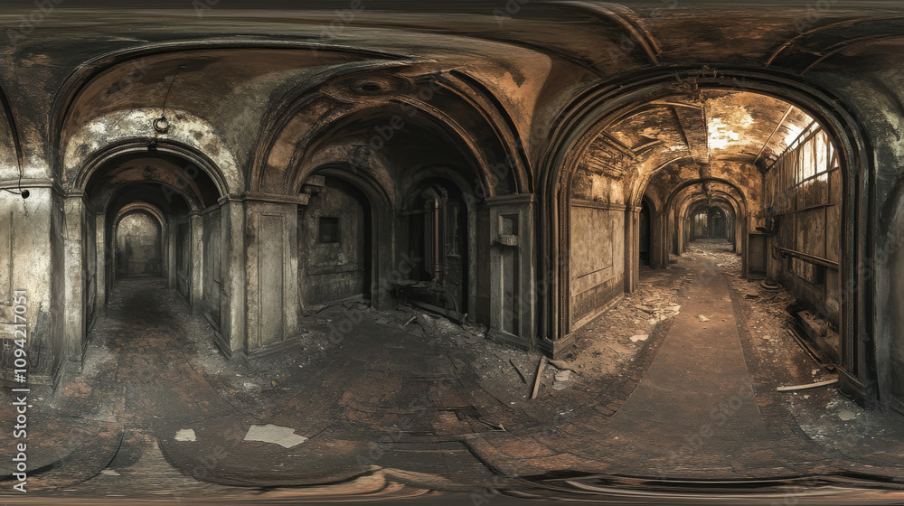360 degree panorama view.A 360-degree photo shows the inside of a grimy, abandoned hallway. 360 degree panorama view.A 360-degree photo shows the inside of a grimy, abandoned hallway.