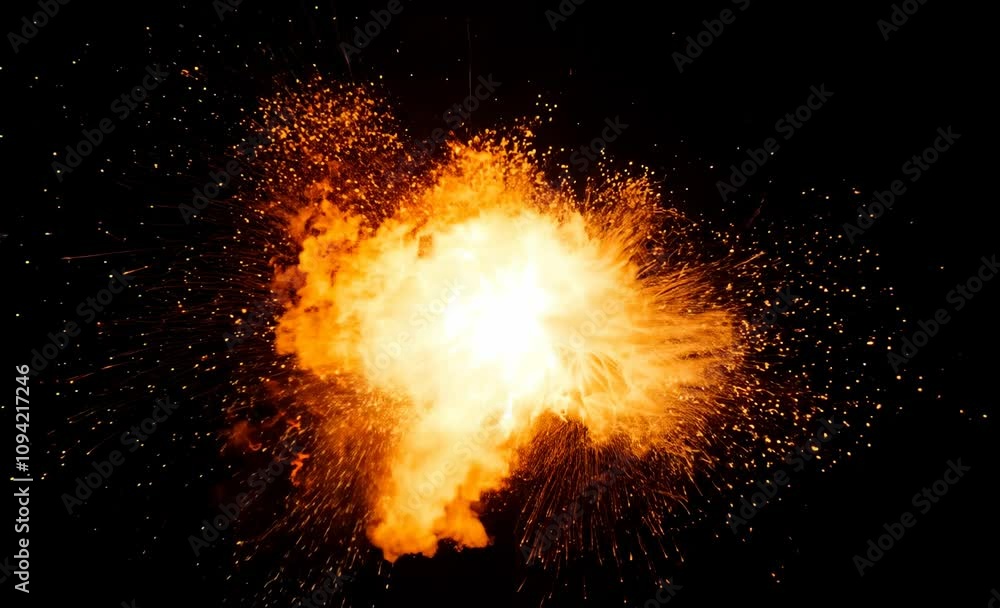 Explosive fireball with bright orange glow and fiery sparks in dark background explosion Explosive fireball with bright orange glow and fiery sparks in dark background explosion