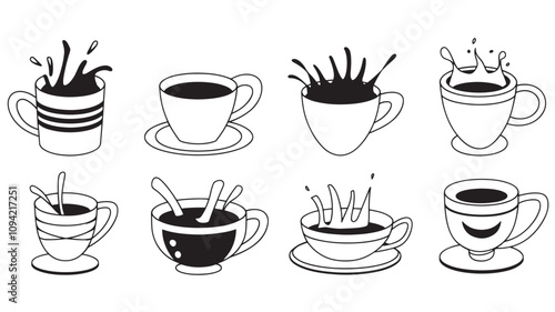 Doodle coffee cups white background. Coffee, tea, cappuccino, espresso