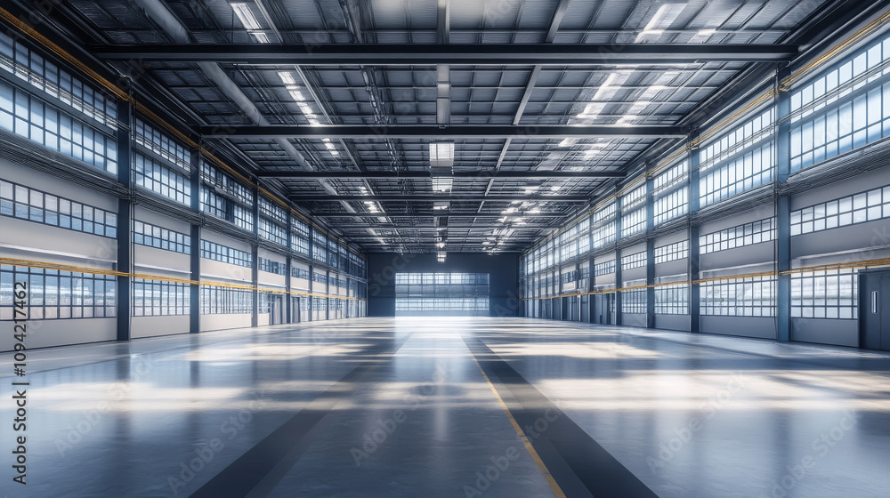 A futuristic, spacious factory hangar is shown in a 3D image. A futuristic, spacious factory hangar is shown in a 3D image.
