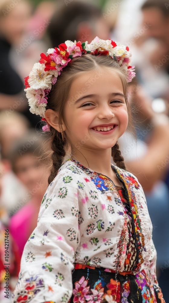 A young girl in colorful attire dances joyfully at a local festival amid an audience A young girl in colorful attire dances joyfully at a local festival amid an audience