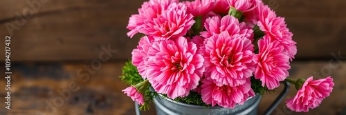 Pink Carnation Flowers in Zinc Bucket with Moss, floral arrangement, flower bouquet