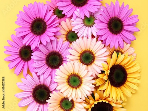 Pink daisies and sunflowers arranged in a beautiful floral pattern against a yellow background, flower arrangements,