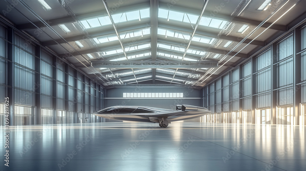 A futuristic, spacious factory hangar is shown in a 3D image. A futuristic, spacious factory hangar is shown in a 3D image.