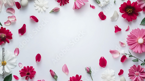 Colorful Flower Frame on White Background – Perfect for Greeting Cards. Celebrate the beauty of spring with a vibrant frame of colorful flowers set against a clear white background. 