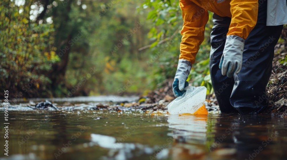 A person participating in a river cleanup to protect freshwater ecosystems, Symbolizing environmental stewardship and water conservation, photography style A person participating in a river cleanup to protect freshwater ecosystems, Symbolizing environmental stewardship and water conservation, photography style