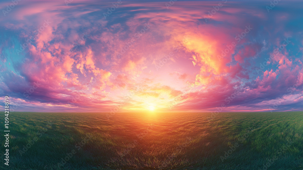 360 degree panorama view.A breathtaking 360° view of a sunrise or sunset over a green field, under a blue and pink sky. Perfect for virtual reality experiences. 360 degree panorama view.A breathtaking 360° view of a sunrise or sunset over a green field, under a blue and pink sky. Perfect for virtual reality experiences.