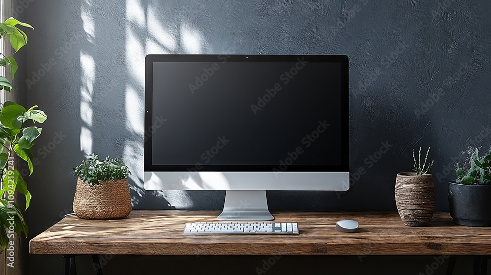 Modern workspace desk with computer and plants Modern workspace desk with computer and plants