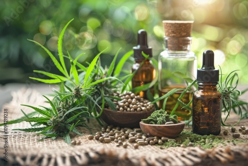 Natural Herbal Remedies with Hemp Oil, Essential Oils, and Green Plants in Brown Glass Bottles on a Rustic Wooden Table Surrounded by Nature