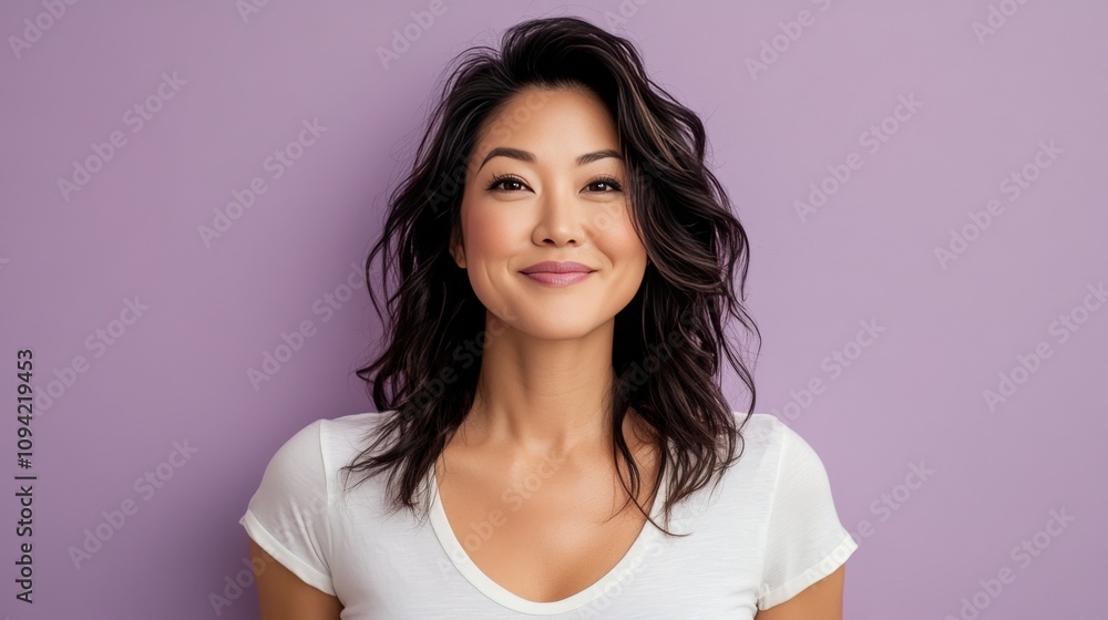 Happy Asian Woman Smiling Against Purple Background Happy Asian Woman Smiling Against Purple Background