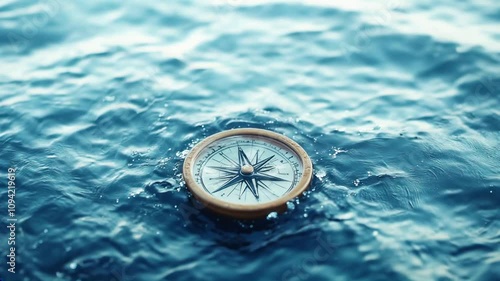 Compass in the Ocean: Finding Your Way. A weathered compass floats gently on a deep blue ocean, symbolizing navigation, direction, and the journey of life.  