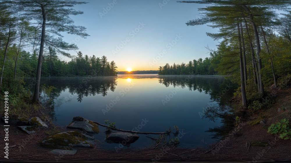 360 degree panorama view.A 360-degree view of a lake sunrise. 360 degree panorama view.A 360-degree view of a lake sunrise.