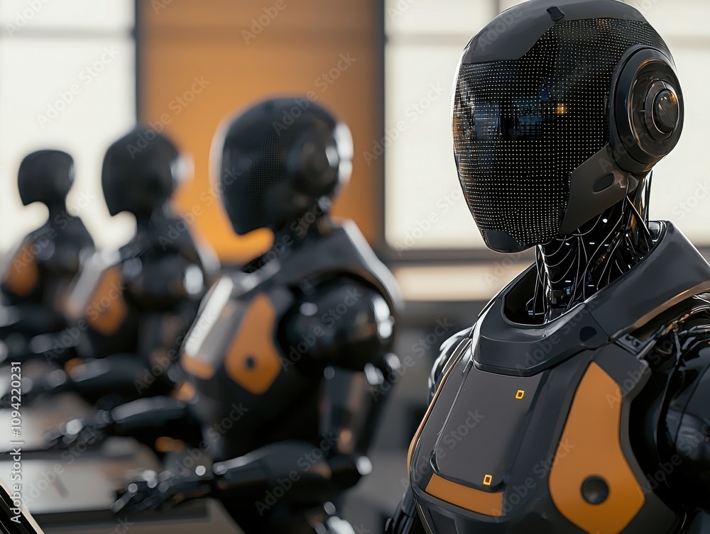 A row of advanced robotic figures with sleek designs, showcasing futuristic technology and artificial intelligence in an indoor setting. A row of advanced robotic figures with sleek designs, showcasing futuristic technology and artificial intelligence in an indoor setting.
