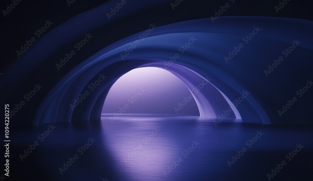 Abstract blue archway tunnel leading to light reflection on water. Abstract blue archway tunnel leading to light reflection on water.