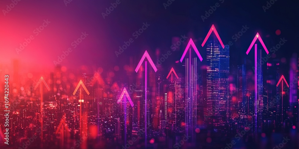 Futuristic growth in financial skyline. Upward arrows convey economy, finance, and success. The abstract cityscape thrives with neon lights and prosperity. Suitable for investment business visuals. Futuristic growth in financial skyline. Upward arrows convey economy, finance, and success. The abstract cityscape thrives with neon lights and prosperity. Suitable for investment business visuals.