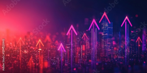 Futuristic growth in financial skyline. Upward arrows convey economy, finance, and success. The abstract cityscape thrives with neon lights and prosperity. Suitable for investment business visuals.