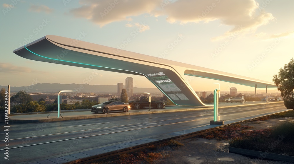 Fototapeta premium Futuristic electric vehicle charging station with sleek modern cars in the background. Urban planning, new energy, green travel, technological innovation, sustainable development,green energy