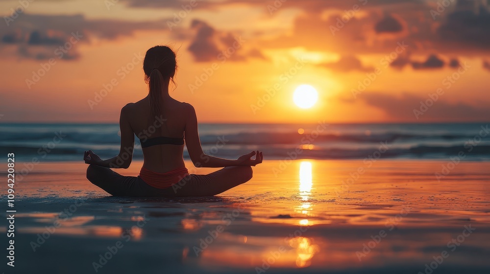 Woman meditating at sunset beach. Perfect for relaxation, yoga, and peace themes. Woman meditating at sunset beach. Perfect for relaxation, yoga, and peace themes.