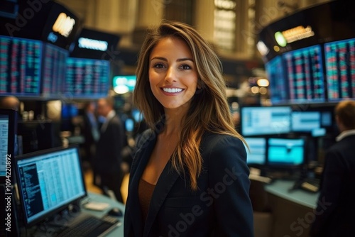 Happy Female Trader Celebrates Success on Trading Floor with Financial Data and Growth Charts